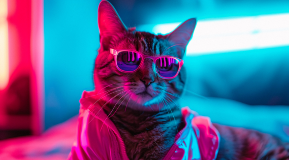 a photo of a cat, the second most popular pet, wearing glasses and a cool jacket