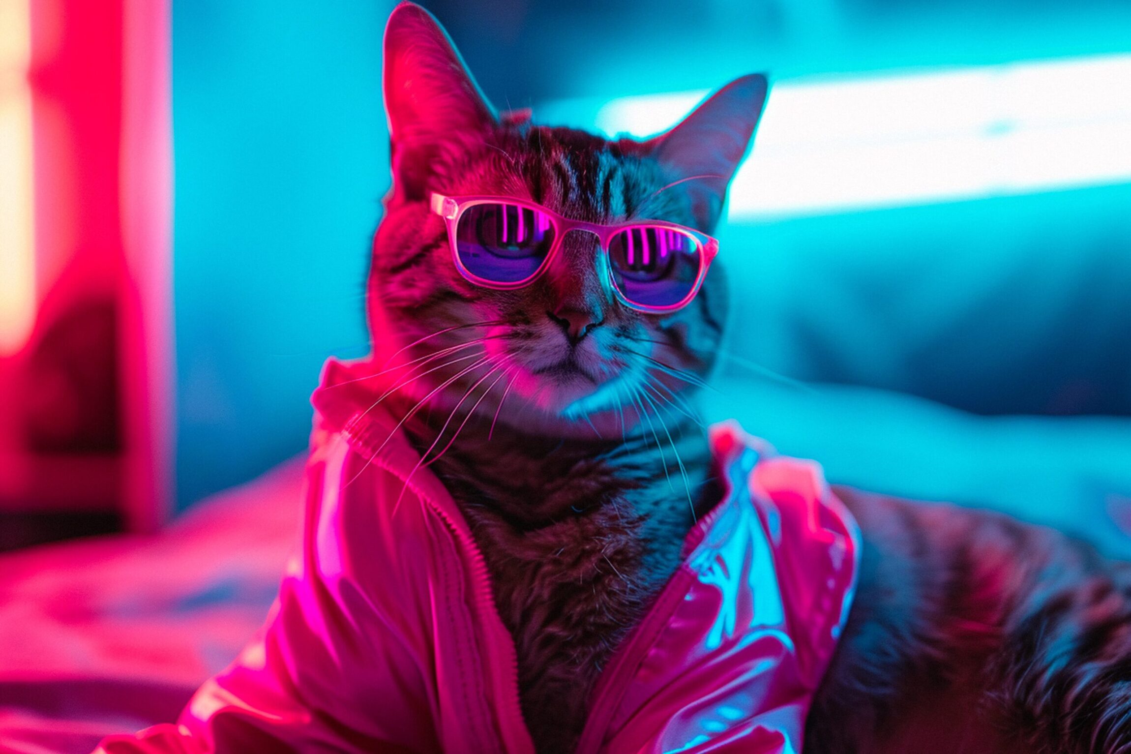 a photo of a cat, the second most popular pet, wearing glasses and a cool jacket