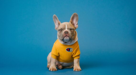 A dog, sitting, wearing a yellow jumper on a blue background